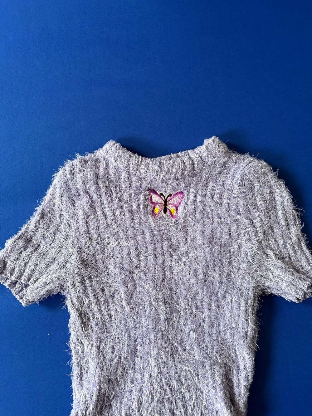 Miss J Fuzzy Short Sleeve Knit Crop Top with Butterfly Embroidery